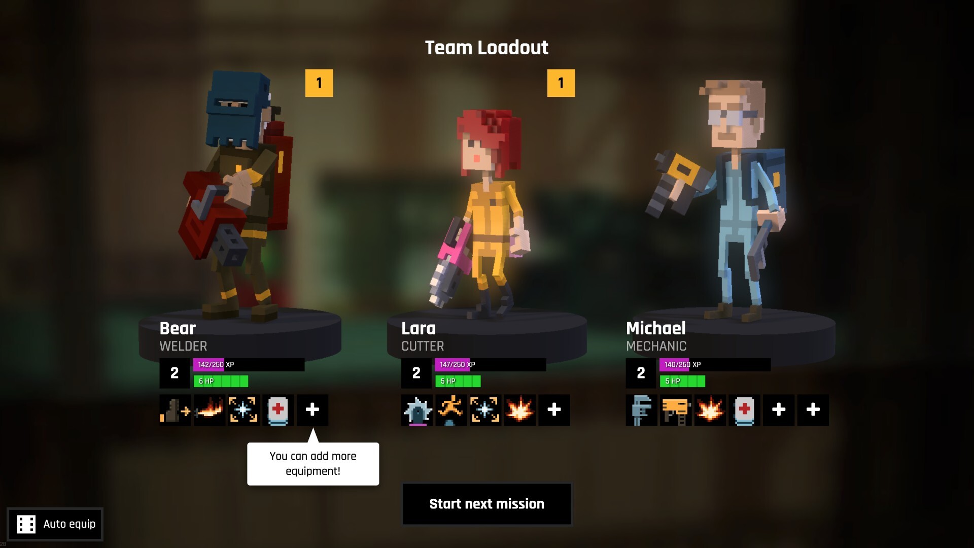 Bear the welder, Lara the cutter, and Michael the mechanic in the team loadout screen