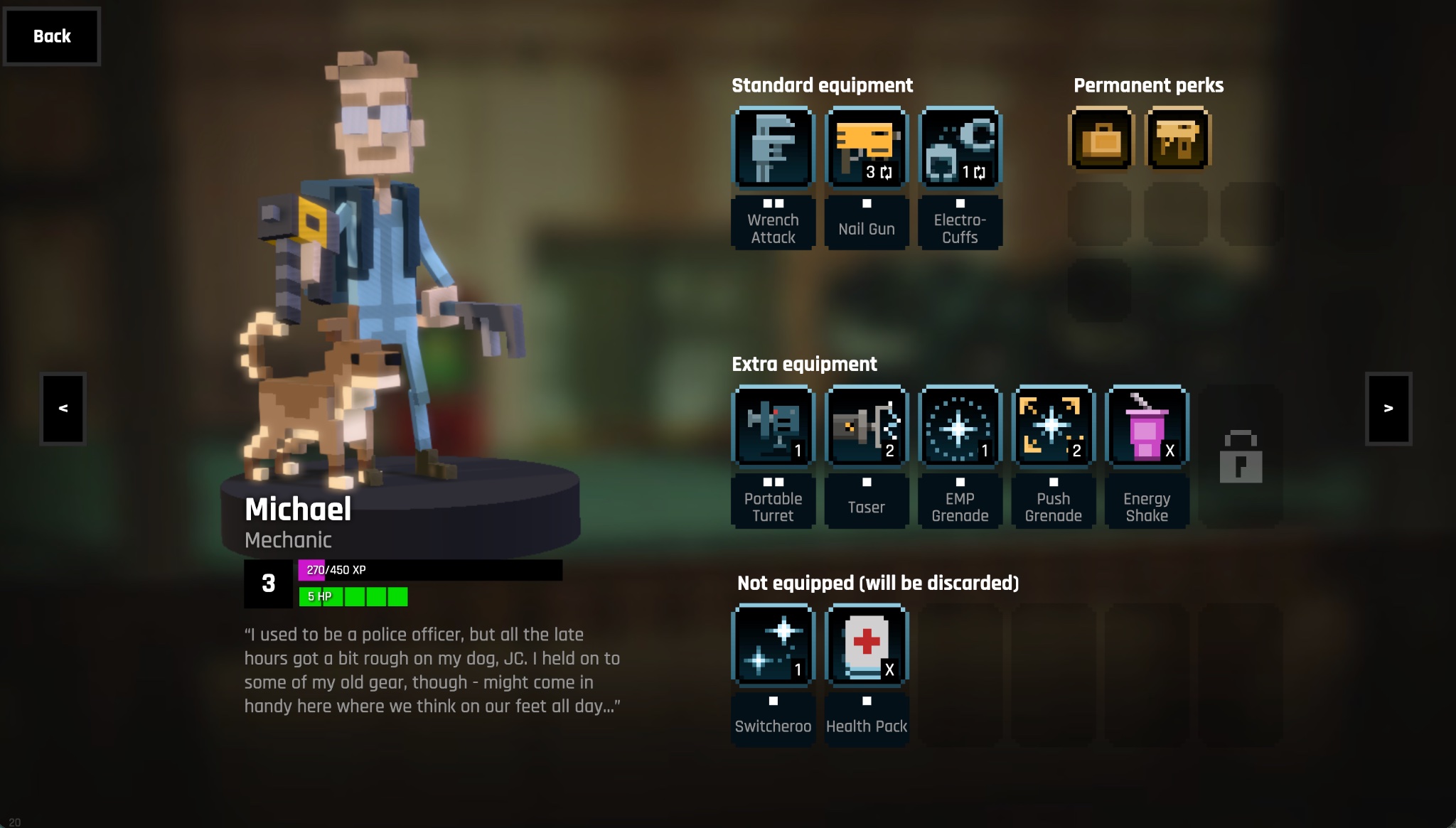 Michael and his improvised loadout of tools, weapons, and equipment